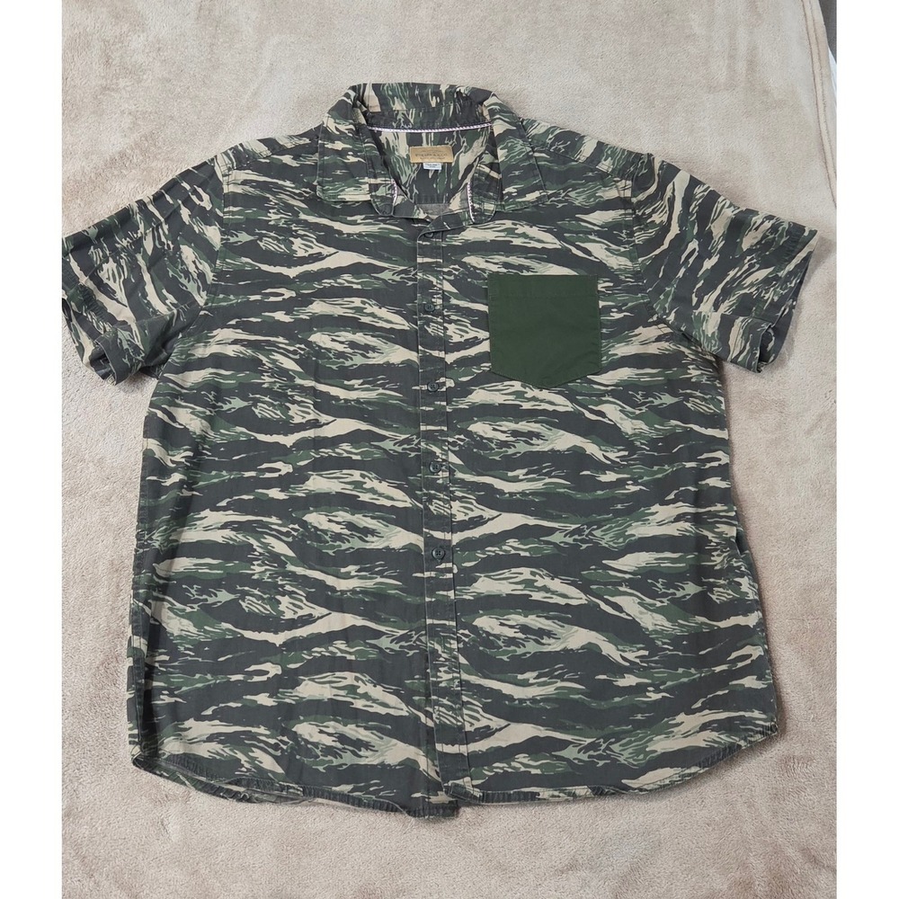 Roebuck & Co. Shirt Men Size XL Tiger Striped Green Button Up Military S/S EUC